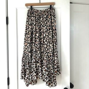 Marie‎ Oliver Maxi Skirt Leopard Print Ruffle Hem Silk Bohemian Size 6